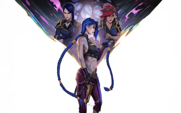 4K Ultra HD Arcane PC desktop wallpaper featuring three characters with intense expressions and dynamic poses against a dark, abstract background.