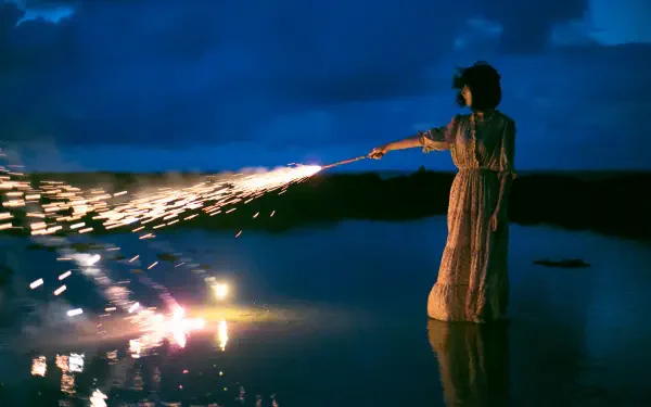 fireworks night beach woman HD Desktop Wallpaper | Background Image