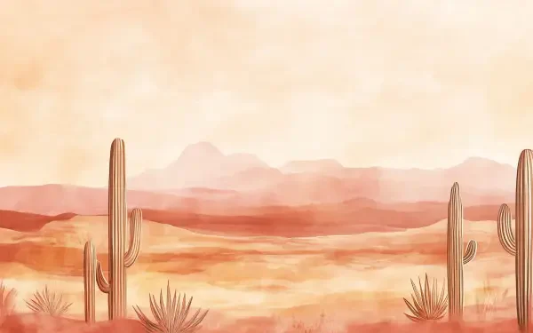 A minimalist desert landscape in soft pastel tones, featuring cacti against a serene backdrop. This artistic image serves as a soothing HD wallpaper for desktops.