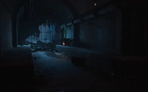 HD wallpaper from Poppy Playtime: Chapter 4, depicting a dark, eerie environment with shadows and distant light, creating a suspenseful atmosphere.