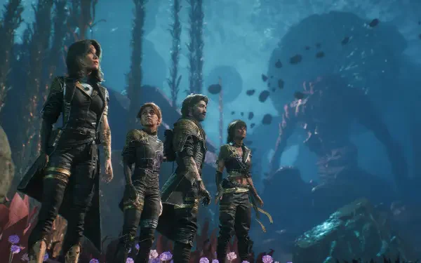 A visually stunning 4K Ultra HD wallpaper from the video game Clair Obscur: Expedition 33, featuring four characters exploring an underwater world filled with vibrant flora and mysterious creatures.