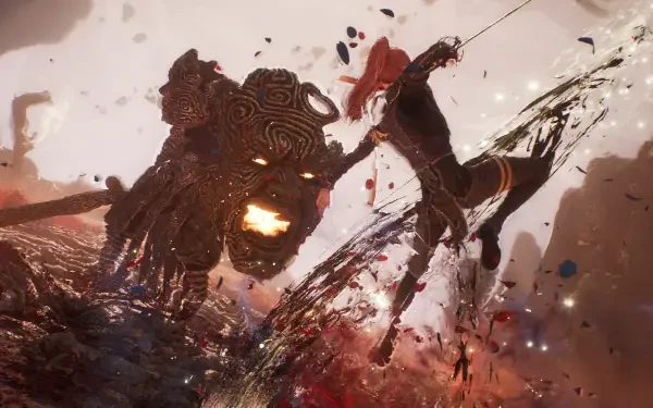 A dynamic scene from the video game Clair Obscur: Expedition 33, showcasing a fierce battle between a character and a formidable beast, set against a vibrant, chaotic backdrop.