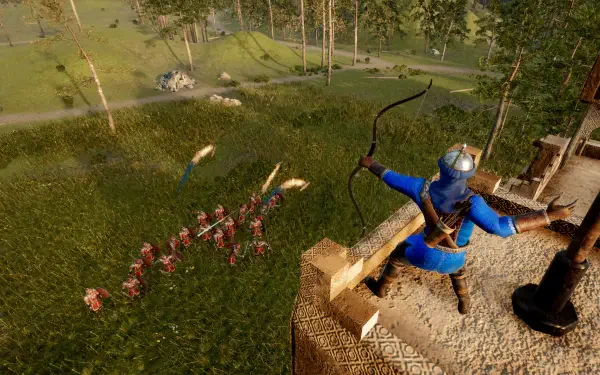 A high-definition wallpaper from the video game Eyes of War, depicting a warrior in blue aiming an arrow at a group of advancing enemies in a lush landscape.