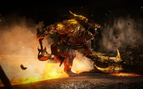A stunning 4K Ultra HD wallpaper from Path of Exile 2, featuring a powerful, monstrous character emerging amidst flames and debris, showcasing intense action and vibrant colors.