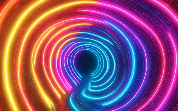 A vibrant tunnel with swirling colors of neon pink, blue, and orange, creating a dynamic and captivating visual effect, perfect as a high-definition desktop wallpaper.