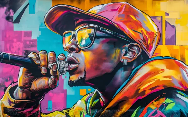 A vibrant graffiti mural of a rapper holding a microphone, showcasing bold colors and dynamic expression, serves as an engaging HD desktop wallpaper.