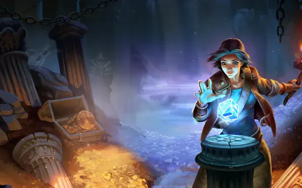 A vibrant HD desktop wallpaper featuring a character from RuneScape, surrounded by treasure and ancient ruins, casting a spell with a glowing blue gem.