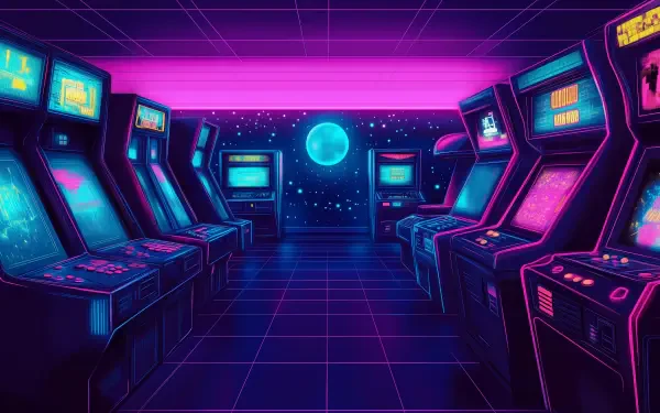 A vibrant retrowave scene featuring an arcade filled with neon-lit cabinets, capturing the essence of 1980s style with a cosmic backdrop. Perfect as a HD desktop wallpaper.