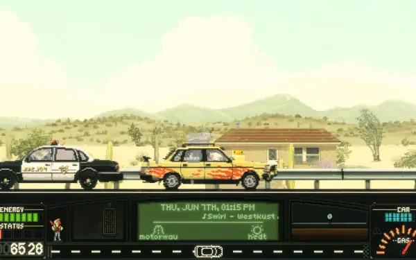 A vibrant 4K Ultra HD wallpaper showcasing a scene from the video game Keep Driving, featuring colorful cars on a highway with a desert backdrop and a detailed dashboard display.