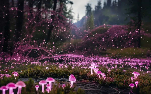 A captivating bioluminescent forest scene, featuring glowing pink mushrooms amidst lush greenery, set against a serene, enchanting backdrop. 4K Ultra HD wallpaper for a stunning visual experience.