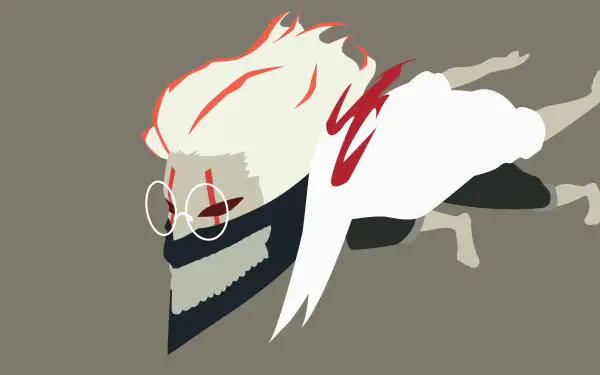 Anime Dandadan 4K Ultra HD PC desktop wallpaper: stylized masked figure with round glasses, flowing white hair and red streaks, white cloak, leaping across a muted gray background.