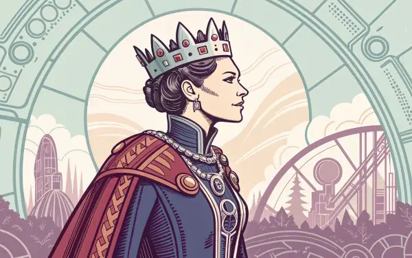 A sci-fi queen stands majestically in profile, adorned with a crown and regal attire, set against a futuristic background in this stunning 4K Ultra HD desktop wallpaper.