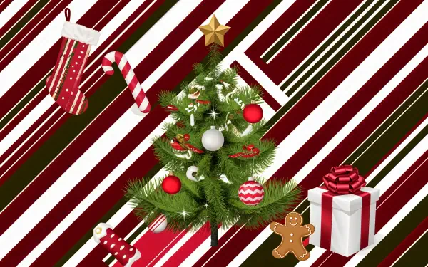 Aesthetic Christmas-themed 4K Ultra HD wallpaper featuring a festive tree, stockings, candy canes, gifts, and decorations against a striped red and green background.