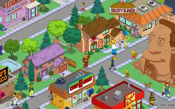 Vibrant 4K Ultra HD wallpaper from The Simpsons: Tapped Out, showcasing the iconic Springfield with characters interacting in a lively neighborhood scene.