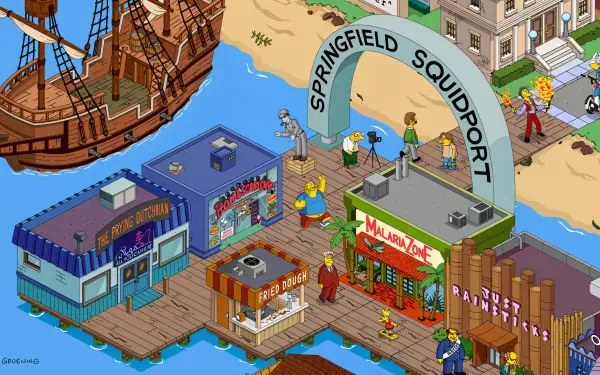 A vibrant 4K Ultra HD wallpaper featuring Springfield Squidport from the video game The Simpsons: Tapped Out, showcasing colorful buildings and characters along the water.