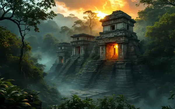 Ancient Maya temples rise from lush greenery, illuminated by a dramatic sunset, creating a mystical atmosphere in this stunning 4K Ultra HD desktop wallpaper.
