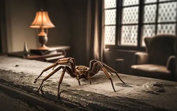 A close-up of a brown recluse spider on a wooden surface, set in a softly lit room with a lamp and empty chair, captured in 4K Ultra HD for a striking desktop wallpaper.