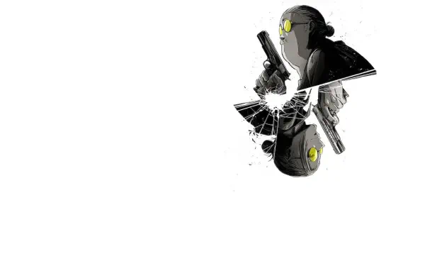 HD PC desktop wallpaper featuring a striking black-and-white illustration from Sakamoto Days, highlighting a character with yellow-tinted glasses and guns.
