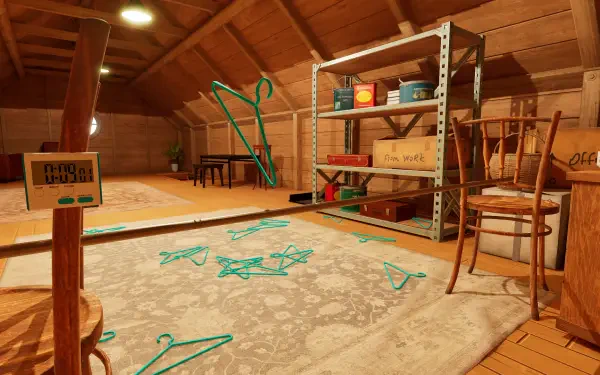 HD PC desktop wallpaper from the video game TrickShot Simulator, featuring an attic setting with scattered coat hangers and various furniture pieces.