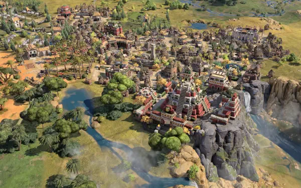 An expansive view of a vibrant civilization in Sid Meier's Civilization VII, featuring intricate buildings, lush greenery, and flowing rivers, set against a stunning HD landscape.