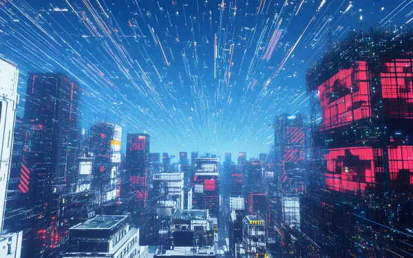 HD PC desktop wallpaper depicting a vibrant anime cyberpunk cityscape with glowing neon lights and dynamic light streaks against a futuristic night sky.