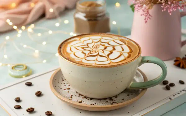 A beautifully crafted latte with intricate milk art sits in a speckled mug on a light blue surface, surrounded by coffee beans and soft decor, perfect for a 4K Ultra HD desktop wallpaper.