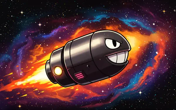 A dynamic 4K Ultra HD wallpaper featuring Bullet Bill soaring through a vibrant cosmic backdrop, with bursts of color and an energetic design.