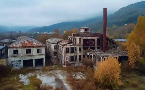 An abandoned factory surrounded by overgrown vegetation and autumn foliage, set against a misty mountainous backdrop. A captivating 4K Ultra HD wallpaper for desktop backgrounds.