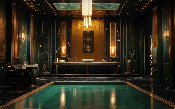 Luxurious Art Deco room featuring a serene pool, elegant lighting, and rich green walls, presented as a stunning 4K Ultra HD desktop wallpaper and background.