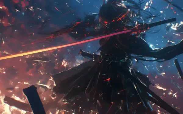 A dynamic silhouette of a samurai girl wielding a sword, set against a vibrant background of colors and sparks, creating an intense and striking anime-themed HD wallpaper.