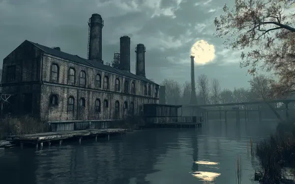 An abandoned factory stands by a tranquil body of water under a moody sky, with smokestacks and a glowing moon reflecting on the surface—a striking 4K Ultra HD wallpaper.