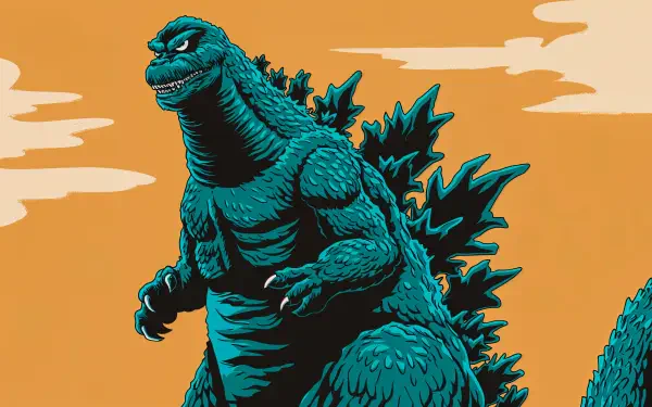 4K Ultra HD PC desktop wallpaper featuring Godzilla standing against an orange sky with stylized clouds, showcasing vivid details and sharp contrast.