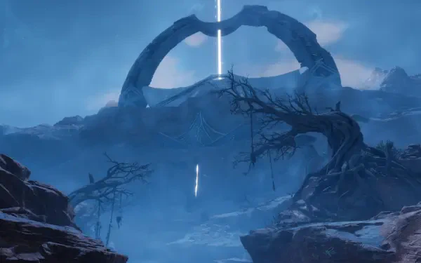 A mystical scene from God of War: Ragnarök featuring a dramatic landscape with a towering arch and ethereal lighting, creating an immersive video game atmosphere. HD wallpaper for PC.