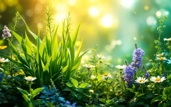 A vibrant herb garden in full bloom, featuring lush green plants and colorful flowers, illuminated by warm sunlight, designed as a stunning 4K Ultra HD desktop wallpaper.