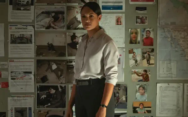 A scene from *The Accountant 2* features Cynthia Addai-Robinson in front of a wall covered with photographs and documents, creating a tense and investigative atmosphere. 4K Ultra HD wallpaper.