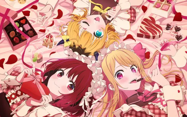 Anime-style 4K Ultra HD desktop wallpaper featuring Ruby Hoshino, Mem-Cho, and Kana Arima from Oshi no Ko surrounded by sweets and heart-themed decorations.