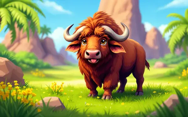 A cheerful buffalo stands amidst vibrant greenery and colorful flowers, set against a backdrop of rocks and palm trees, showcasing a stunning 4K Ultra HD wallpaper.