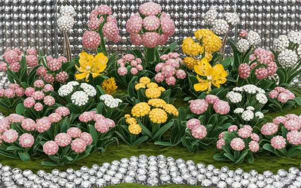 Vibrant flower bed featuring pink, yellow, and white blooms, set against a shimmering silver backdrop. A stunning 4K Ultra HD wallpaper for your desktop.