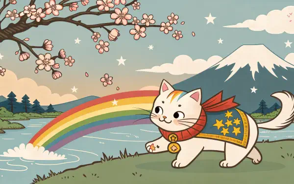 A colorful, whimsical Nyan Cat walks along a riverside, under cherry blossoms and a rainbow, with mountains in the background. This image serves as a vibrant 4K Ultra HD desktop wallpaper.