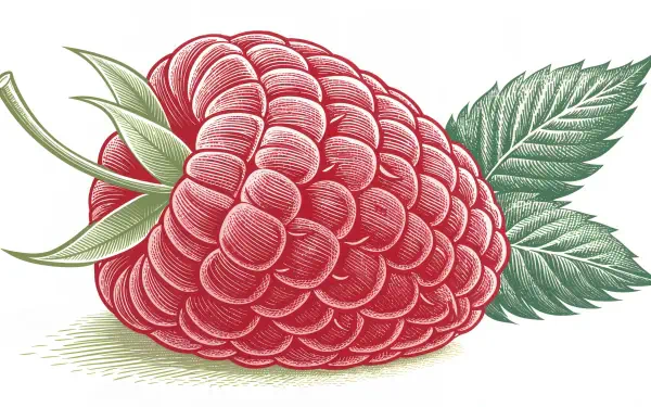 A detailed illustration of a ripe raspberry with lush green leaves, designed as a vibrant 4K Ultra HD PC desktop wallpaper and background.