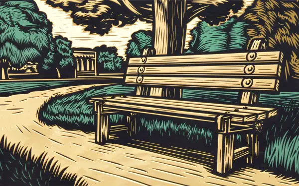 A wooden bench sits along a winding path, surrounded by lush greenery and trees, under a serene sky, captured in a vibrant, artistic style for a 4K Ultra HD desktop wallpaper.