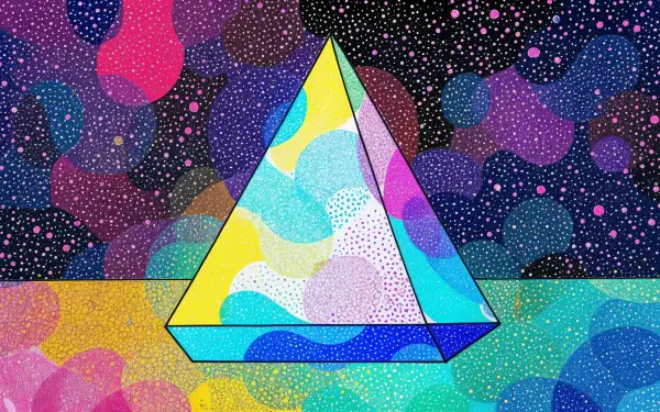 A colorful, geometric prism shaped like a pyramid against an abstract, starry background, designed as a vibrant 4K Ultra HD PC desktop wallpaper.