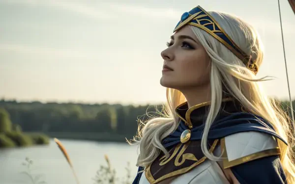 A stunning 4K Ultra HD wallpaper featuring Ashe from League of Legends, showcasing her majestic profile against a serene riverside backdrop and a clear sky.
