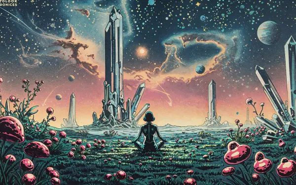 A serene scene of mindfulness featuring a figure meditating in a vibrant alien landscape, surrounded by towering crystals, colorful mushrooms, and a starry sky, presented as a 4K Ultra HD wallpaper.