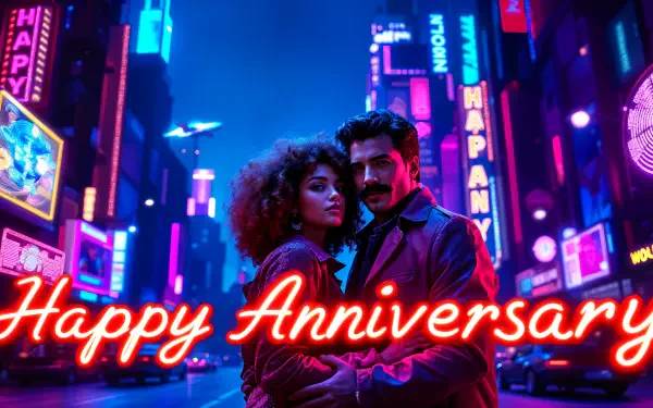 A stunning 4K Ultra HD wallpaper features a couple embracing in a neon-lit cityscape, with vibrant colors and Happy Anniversary in glowing text.