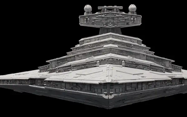 A detailed 4K Ultra HD image of a Star Destroyer against a black background, showcasing its iconic angular design and impressive features.
