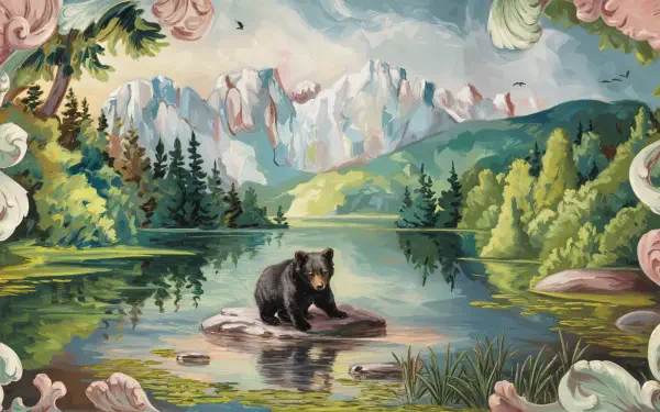 A black bear rests on a rock in a serene lake surrounded by lush trees and majestic mountains, captured in vibrant colors as a 4K Ultra HD desktop wallpaper.