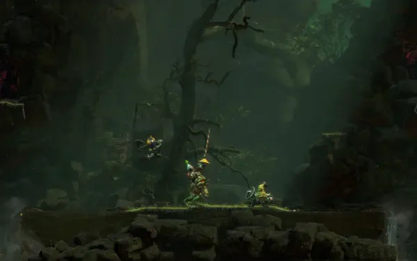 A captivating HD wallpaper showcasing a scene from the video game Jump King Quest, featuring eerie trees and a mysterious atmosphere in a dark, immersive environment.