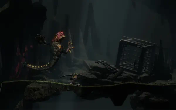 A captivating HD wallpaper from the video game Jump King Quest, featuring a mysterious underwater scene with a fantastical creature navigating a dark, rocky landscape.