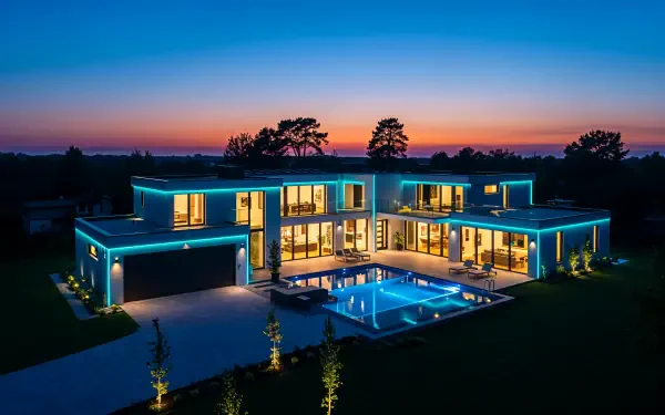 A stunning luxury home illuminated by blue lights, featuring a beautiful pool and modern architecture, set against a vibrant sunset. Captured in 4K Ultra HD for a striking background.